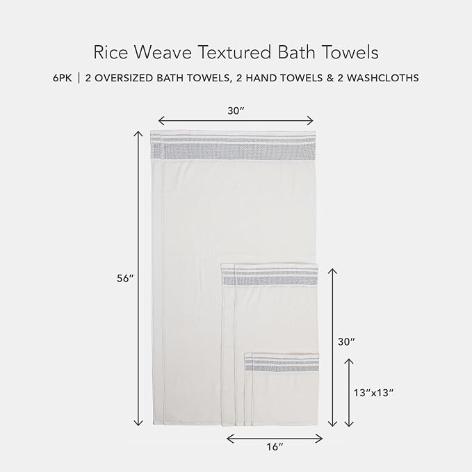 Texere 100% Organic Cotton Rice Weave Jacquard 700 GSM Luxury Bath Towel Set - 2 Large Bath Towels, 2 Hand Towels, 2 Washcloths (Rice Weave, Cream w/Blk, 6 Piece)