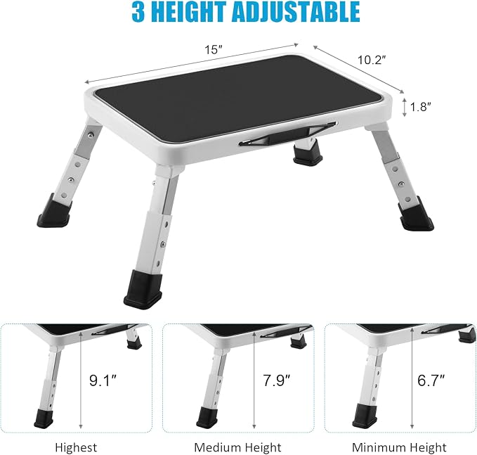 Jocauto Folding Step Stool for Adults, Height-Adjustable Small Step Stool | Step Ladder with Non-Slip Platform for Adults or Kids in Kitchen, Home, Rv, 330 Lbs Capacity, White