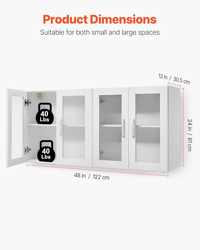 VEVOR Laundry Room Wall Cabinet, 2-Tier Wall Mounted Cabinet with Adjustable Shelf, Cupboard Storage with 4 Doors, for Kitchen, Bathroom, Laundry, Set of 2, Each 12 x 24 x 24 in (D x W x H), White