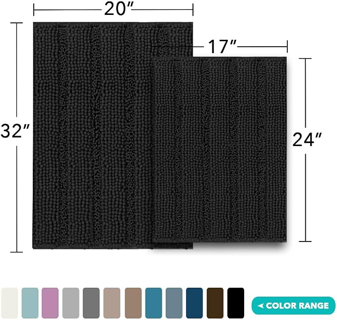 Turquoize Chenille Bath Rugs Shaggy Bathroom Rugs Non Slip Bath Rugs for Bathroom 20 x 32 and 17 x 24 Black Bath Rug Extra Soft and Absorbent Area Rug, (20" x 32" and 17" x 24"), Black