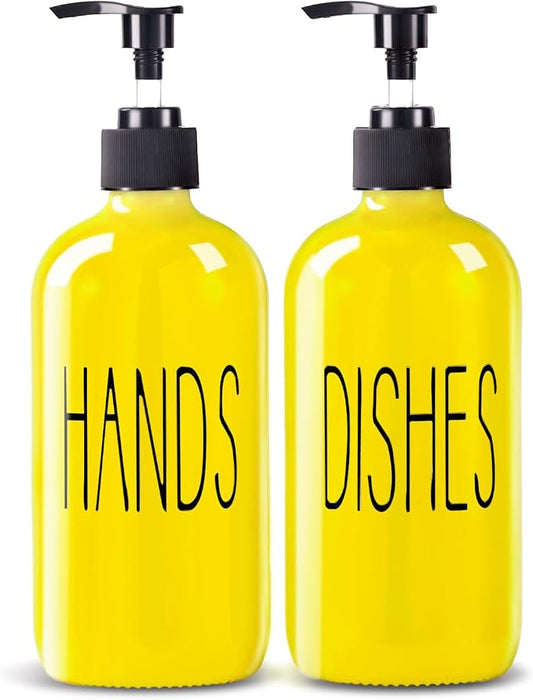 COHOSEGE Glass Soap Dispenser Set 2 Pack,16 Oz Dish Soap Dispenser for Kitchen Sink,Lemon Kitchen Decor and Accessories,Yellow Decorations and Kitchen Utensils for Kitchen