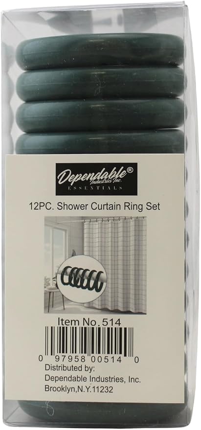 12 Piece Plastic Basic Locking Round Hook Easy Gliding Shower Curtain Rings Fits All Standard Size Shower Rods (Hunter Green)
