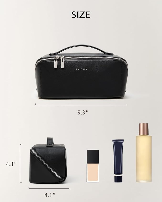 EACHY Travel Makeup Bag for Women, PU Leather Cosmetic Bag, Black, Medium | PU leather organizer opens flat with two TPU brush pockets and divided storage for makeup, skincare, toiletries and travel