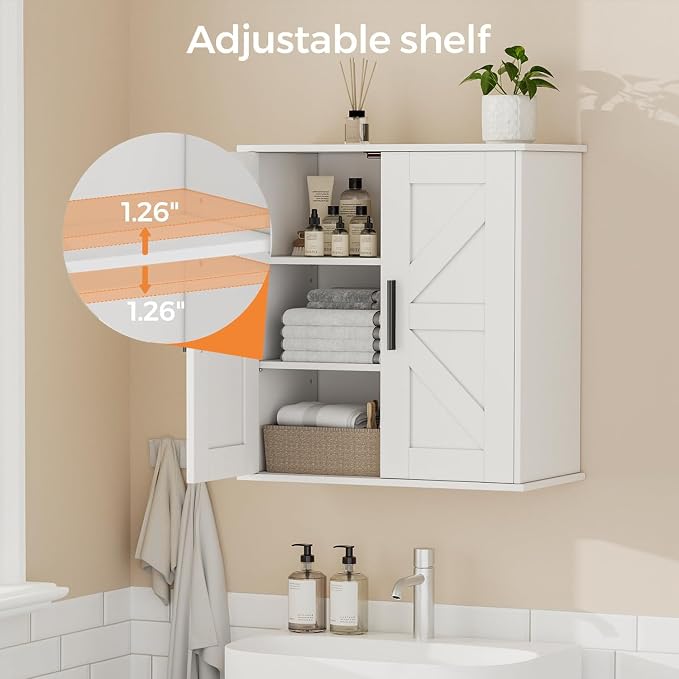 Homleke Bathroom Wall Cabinet, Medicine Cabinet with Adjustable Shelves | 3-Tier Wall Mounted Over Toilet Storage with Barn Doors, for Bathroom, Kitchen, Entryway, Laundry Room, White, (11.8" D)