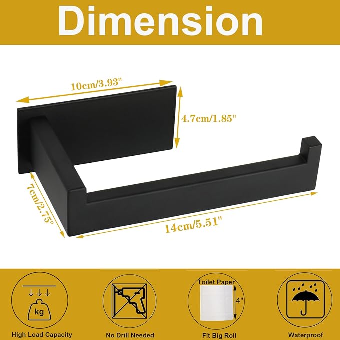 Toilet Paper Holder, Self Adhesive Tissue Holder Stainless Steel Rustproof Paper Roll Holder, No Drilling Easy to Install, Toilet Paper Rack Suitable for Office, Bathroom (Matte Black)