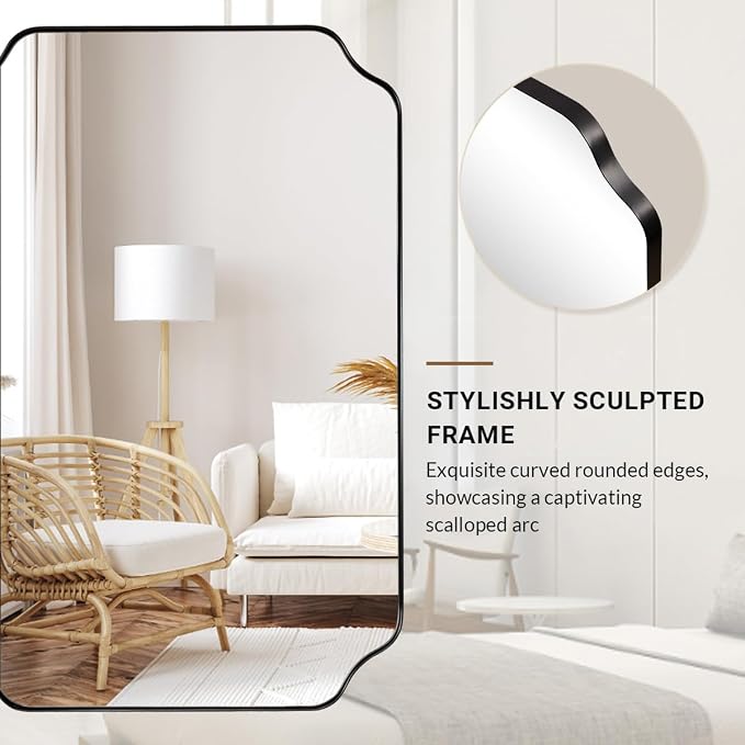 Matte Black Mirror 24x40 Inch, Scalloped Mirror for Bathroom, Unique Rectangular Bathroom Mirror in Premium Stainless Steel Metal Frame 1’’ Deep, Hangs Vertically/Horizontally