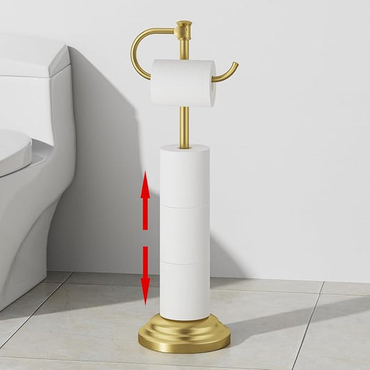 RUMOSE Toilet Paper Holder Stand for Floor Free Standing, Gold | Bathroom Freestanding Toilet Tissue Roll Holder with Storage, Adjustable 17-25 Inch, Rustproof, SUS304 Stainless Steel