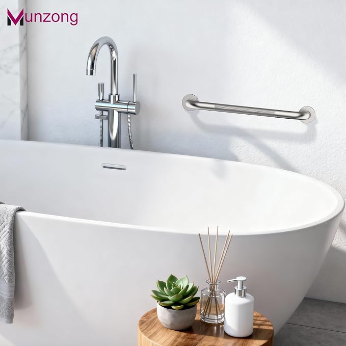 16 Inch Anti Slip Shower Grab Bar,Munzong Stainless Steel Handicap Grab Bar | Brushed Nickel Knurled Balance Bars for Bathtubs and Showers Safety Hand Rail Support Elderly Senior Bath Handle