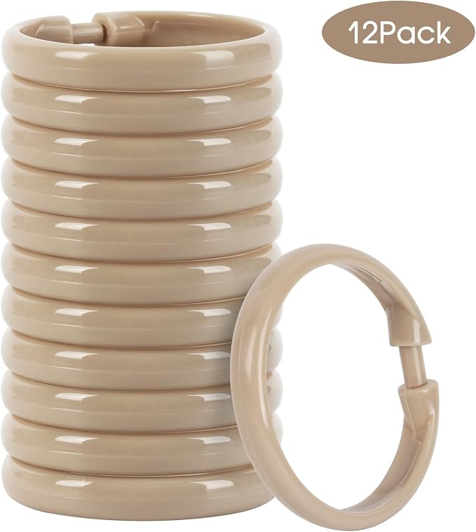 Beige Shower Curtain Hooks - 12 Pcs Circular Plastic Shower Curtain Rings for Bathroom - O Shaped Ivory Cream Shower Hooks Rings for Shower Curtain Rod