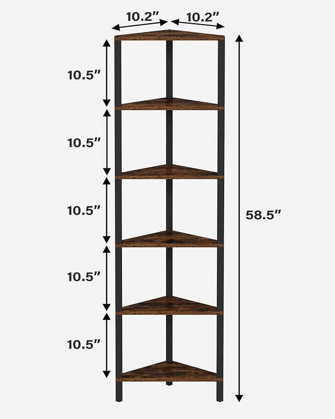TUTOTAK Corner Shelf, 6-Tier Corner Bookshelf for Small Space | Narrow Display Corner Shelf Stand with Storage Rack, for Living Room, Bedroom, Rustic Brown BS05BB006