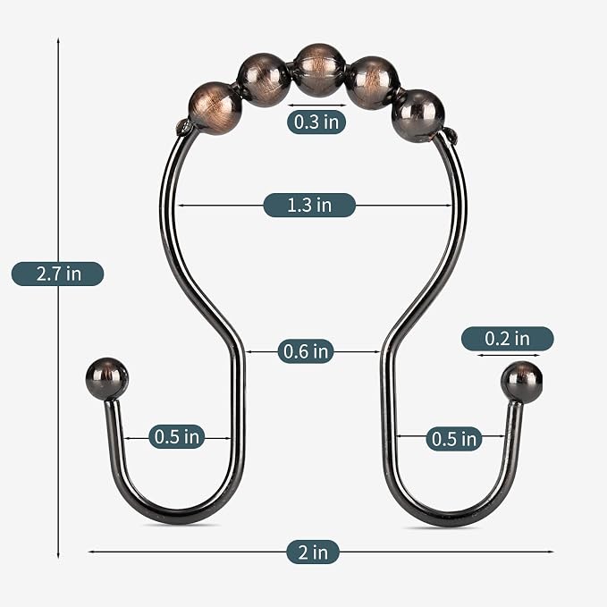 Shower Curtain Hooks, OEH Shower Curtain Rings, Bronze Shower Curtain Hooks Rust Proof, Smooth Gliding Metal Shower Curtain Rings Rust Proof, Double Shower Hooks for Shower Curtain, 12 Pcs, Bronze