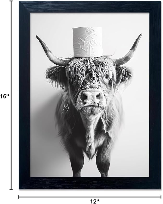 Framed Highland Cow Wall Art Funny Cow Bathroom Decor Cow With Toilet Paper on Head Pictures Wall Decor Black and White Animal Bathroom Artworks for Home