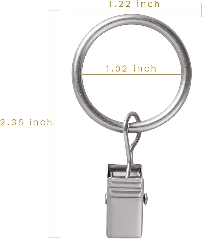 Lansian 100 Pack Curtain Rings with Clips Hooks 1 in Diameter Rustproof | Metal Stainless Steel Drapery Rings for Tension Rod Bracket Eyelets Decorative Hanger, Fits 3/4 in Rods, Matte Silver