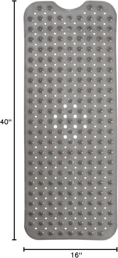 ENKOSI Non-Slip Bath & Shower Mat 40x16 Extra Long, Suction & Drain Holes | Clear Gray look; Durable PVC; 40x16 in, Clear Gray