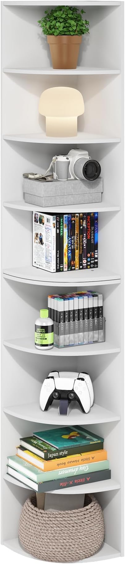 Furinno ECON Corner Shelf, 8-Tier Corner Book Shelf, Storage Shelves, Display Rack, Bookshelf, for Organization and Storage, Living Room, Home Office, White