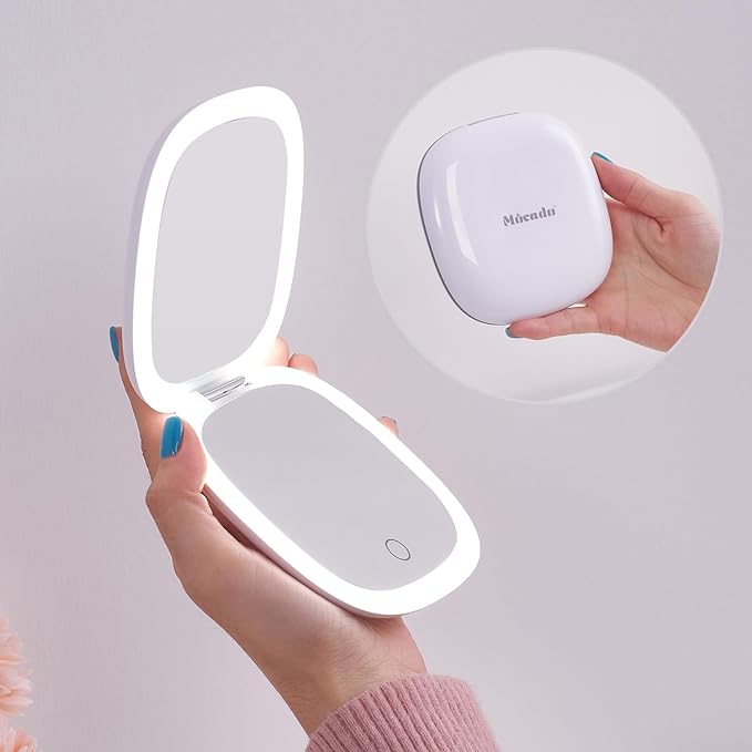 Mocado Compact LED Magnifying Travel Makeup-Mirror - 4 inches 1X/10X Magnification Small Hand Pocket Dimmable Double Sided USB Rechargeable Touch Screen, Portable Tabletop Cosmetic (White) | Double Sides Lighted, 3 Colors Lighting, 0-100% Brightness, D...