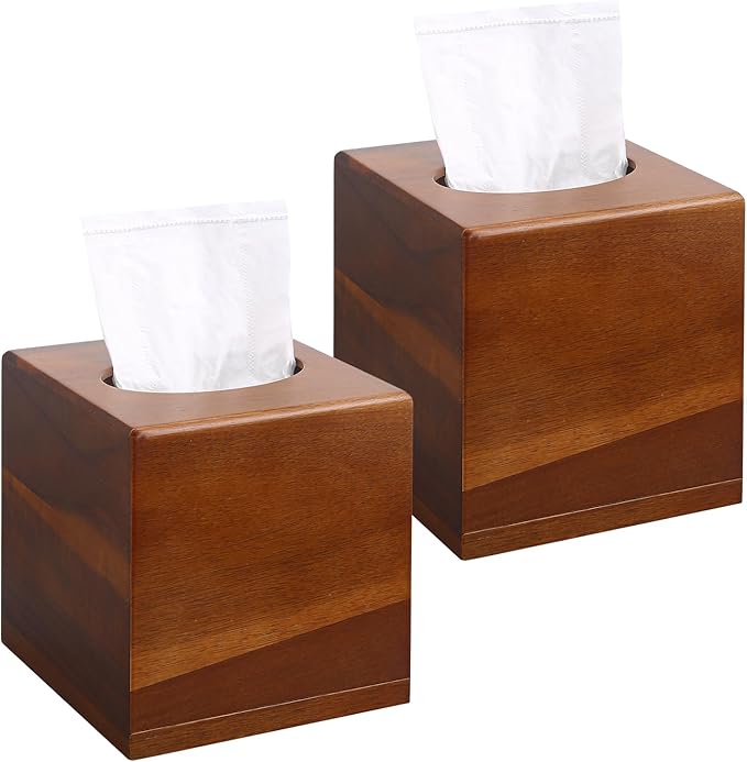 2 Pack Wooden Tissue Box Cover Square - Acacia Wood Tissue Box Holder for Tabletop Stands Bathroom Office- Decorative Facial Wood Tissue Box Cover for Modern Farmhouse Decor (Walnut)