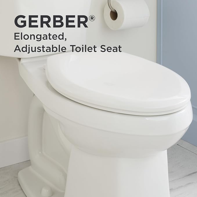 Gerber Elongated Toilet Seat with Cover, Standard Close, Quick & Easy Install, Heavy-Duty Plastic, Adjustable Fit for Standard Elongated Toilets, Durable & Fade-Resistant, White G0099216