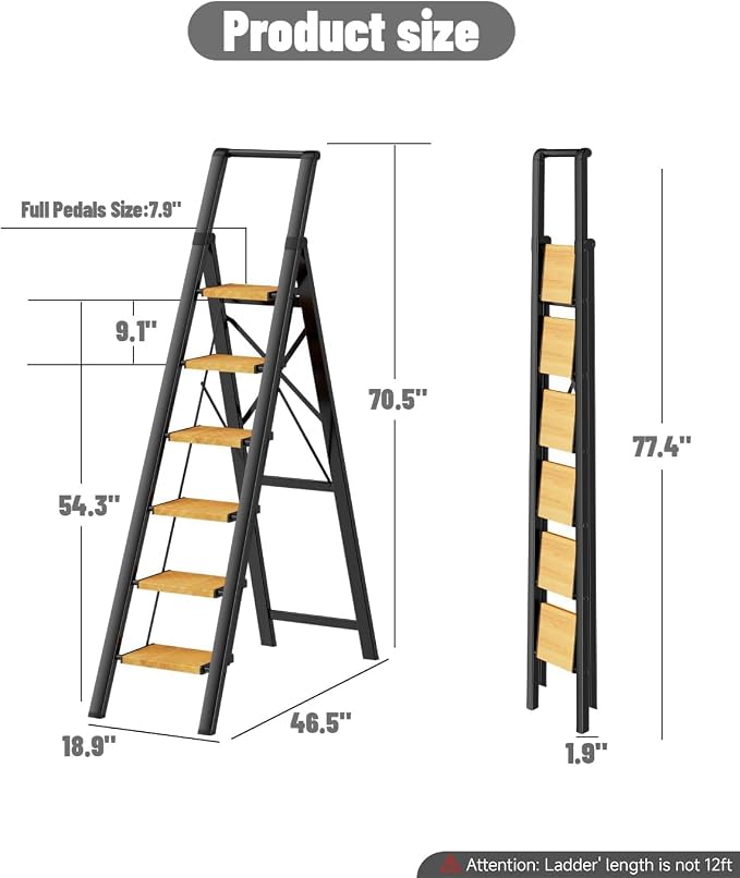6 Step Ladder, Lightweight Folding Step Stool, Black+Wood Grain | Reach 12ft;Anti-Slip 7.9'' Wide Pedal;Portable Handrail;Space-Saving;For Kitchen, Home, Library, Office Use;300lbs Capacity