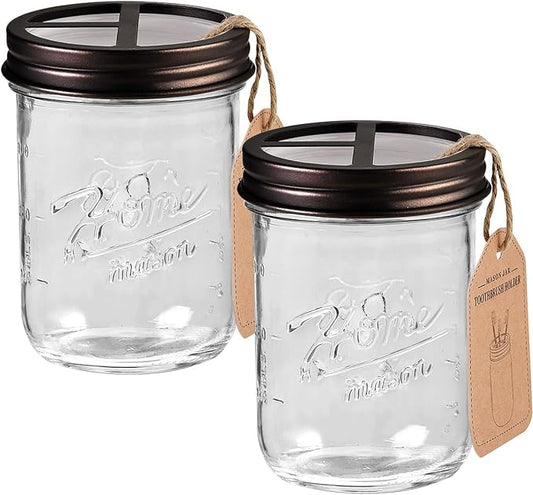 SheeChung Mason Jar Toothbrush Holder,Farmhouse Toothpaste Organizer,2 Pack | Bronze Glass Electric Tooth Brush Holder for Bathroom Countertop,Removable Stainless Steel Lid,3 Divider,Rustic Vintage Decor