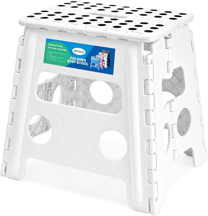 Dyforce Folding Step Stool 13 Inch,300lbs Foldable Stool for Adults & Kids | Stepping Stool White,Non-Slip Plastic Compact Foot Stool with Carry Handle,Lightweight for Bathroom Kitchen Bedroom Garden