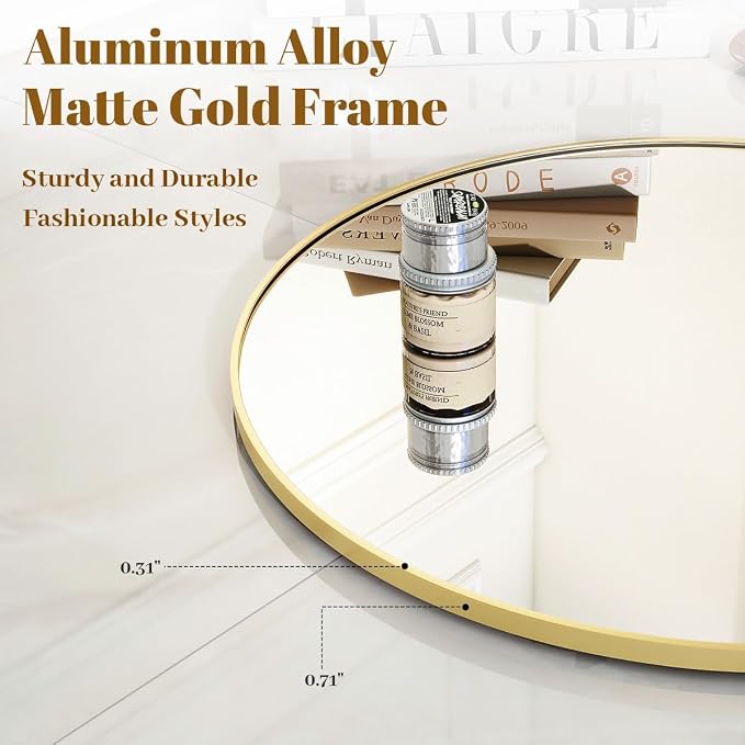 Large Gold Round Bathroom Mirror 48" with Thin Metal Frame | Circle Wall Mounted Mirror Hanging or Leaning Decor for Hallway, Entryway, Fireplace Mantel, Living Room