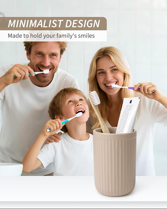 BosilunLife Ceramic Toothbrush Holder - 12oz Bathroom Toothbrush Holder Tooth Brush Holders Tumbler Cups Reusable Toothbrush Mouthwash Cup Small Toothbrush and Toothpaste Holder, Striped Khaki