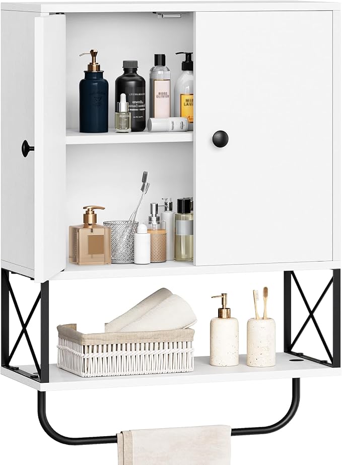 MAHANCRIS Bathroom Wall Cabinet with 2 Door and Adjustable Shelf, Farmhouse Medicine Cabinet with Towel Rack, 3-Tier Wall Mounted Storage Cabinet Over The Toilet for Bathroom, 18.9" L, White