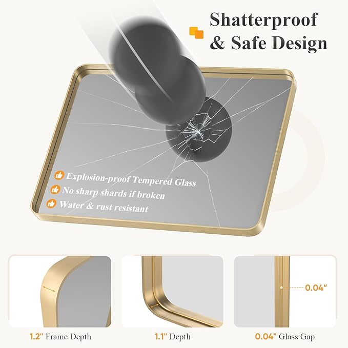 32x24 Inch Bathroom Mirror for Over Sink, Vanity Mirror | Metal Framed Rounded Rectangle,for Wall, Farmhouse, Restroom, Anti-Rust, Horizontal or Vertical Hanging, Gold