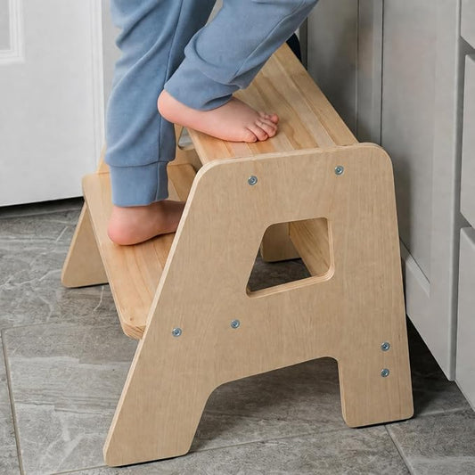 2-Step Wooden Toddler Step Stool for Bathroom Sink & Kitchen Use -Varnished | Non-slip steps and padded feet for extra stability. Lightweight to carry, safely supports ages 2+ and adults up to 250 lbs.