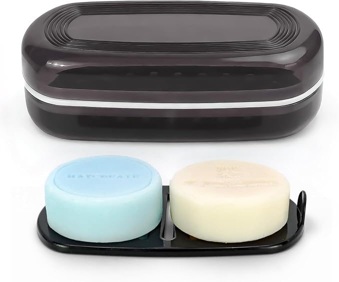 OZNER Travel Soap Case for Two Bars, Leak Proof Shampoo Bar Holder Compatible with Kitsch Bars, Soap Container with Drainage Layer for Bathroom, Camping, and Gym, Easy to Clean (Black)