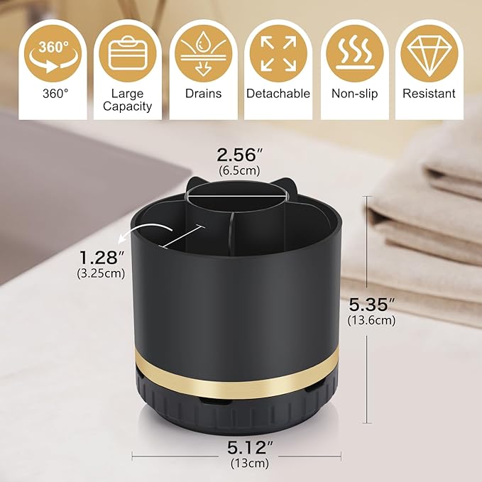 GFWARE Rotating Black Toothbrush Holder for Bathroom Organizer, Drainage | Detachable Matte Black 6 Slots Kids Electric Toothbrush and Toothpaste Holder, Bathroom Countertop Sink Storage Caddy