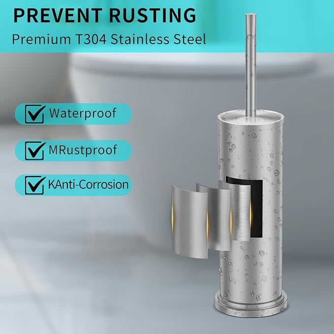 Stainless Steel Toilet Brush and Holder Set,Toilet Bowl Brush and Holder | Brushed Nickel Heavy Duty Toilet Brush for Bathroom with Long Handle,Removable Inner Bowl and Splash Protection,Deep Cleaning