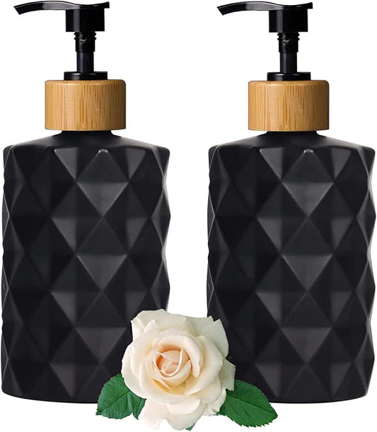 YYTSGG Black Glass Soap Dispenser Set with Bamboo Pump, 12oz, 2 Pack | Refillable Liquid Hand Soap Dispenser, Lotion Dish Soap Dispenser for Modern Home Decor, Bathroom, Kitchen Countertop, Hotel