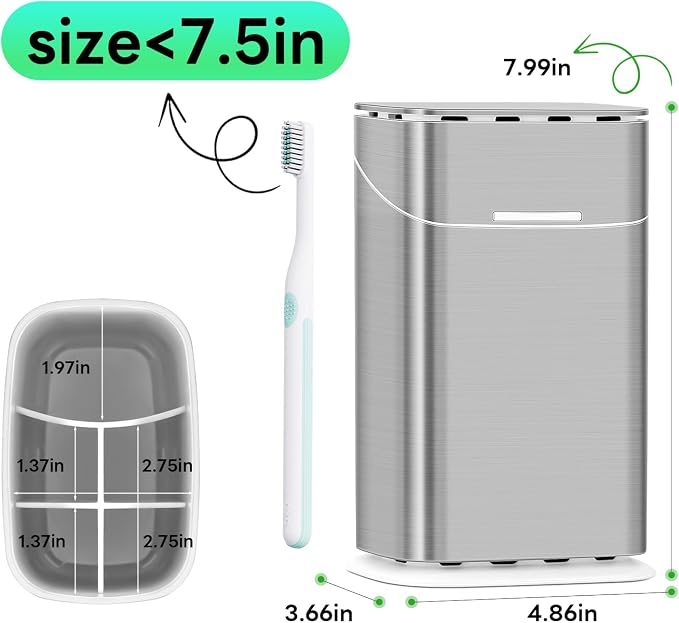 GFWARE Bathroom Toothbrush Holder with Cover, Ventilated & Drainage, Silver | Detachable 5 Slots Bathroom Organizer for Toothbrush and Toothpaste, Waterproof & Dustproof, Fits Toothbrushes Under 7.5 In