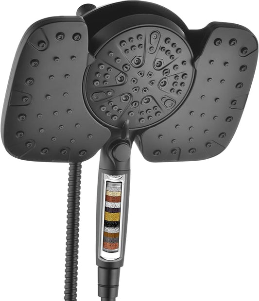 Rain Shower Head with Filtered Handheld Spray Combo Black 2.5 GPM | 10” Rainfall Showerhead with 9-Spray Detachable Handheld, High Pressure, ON/OFF Switch, 15-Stage Filter, Jet for Cleaning