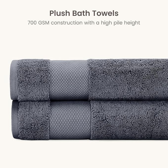 100% Organic Cotton 700 GSM Plush Bath Towels 30" x 58" GOTS Certified - Charcoal, Pack of 2