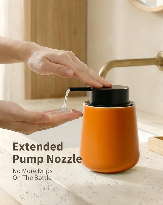 BosilunLife Ceramic Soap Dispenser - Dish Soap Dispenser for Bathroom 12Oz | Refillable Liquid Hand Wash Dispenser for Essential Oil, Lotion Soap, Orange