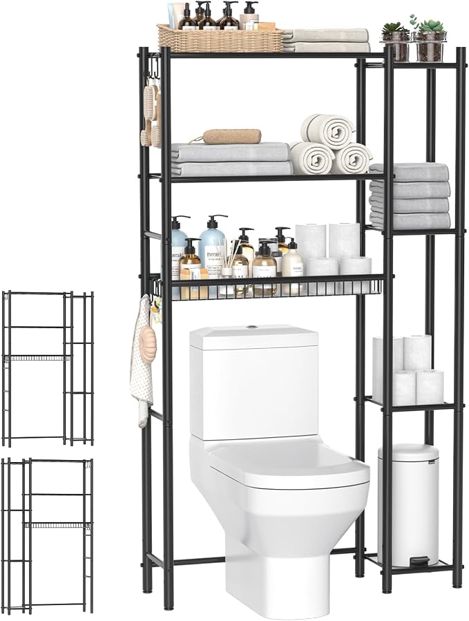 Hodonas Over The Toilet Storage Shelf - Bathroom Organizer Rack with 7-Tier Shelves, Adjustable Metal Shelf Above Toilet for Storage, Freestanding Bathroom Space Saver, Black