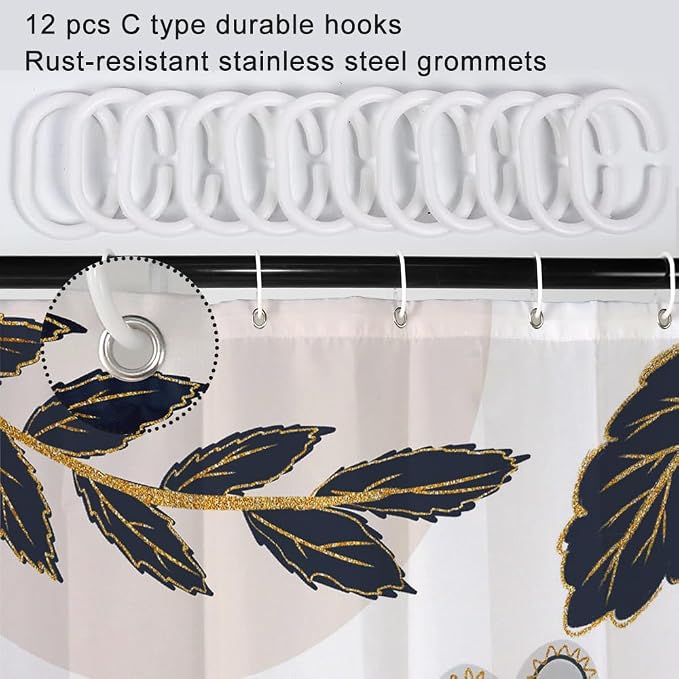 Black and Gold Boho Stall Shower Curtain with Hooks 36x72 Inch | Waterproof Small Abstract Black Arch Leaves Bathroom Curtain for Shower Stall, Machine Washable