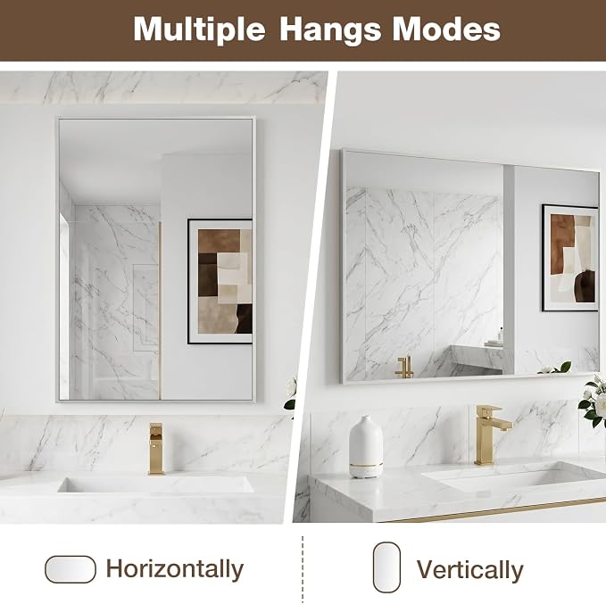 22"x30" Bruhed Nickel Rectangle Vanity Bathroom Mirror, Set of 2 | Aluminum Alloy Frame, Clear Reflection, Rust-Resistant, Vertical or Horizontal, Wall Mount, Bedroom and Entryway