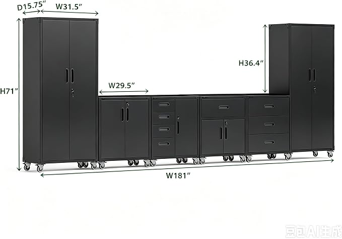 Garage Storage Cabinet System,Wall Cabinet & Locking Rolling Tool Cabinet with Doors and Adjustable Shelves