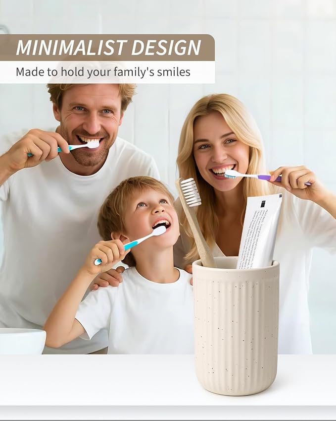 BosilunLife Ceramic Toothbrush Holder - 12oz Bathroom Toothbrush Holder Tooth Brush Holders Tumbler Cups Reusable Toothbrush Mouthwash Cup Small Toothbrush and Toothpaste Holder, Striped Apricot
