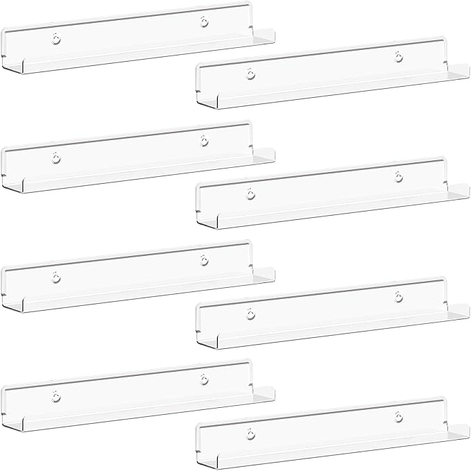 Lifewit Narrow Acrylic Floating Shelves for Vinyl Record 12", Clear 8 Pack | Wall Shelf for Nail Polish, Book, Picture, Makeup, Album Covers Display Organizer for Bedroom, Living Room, Bathroom Decor