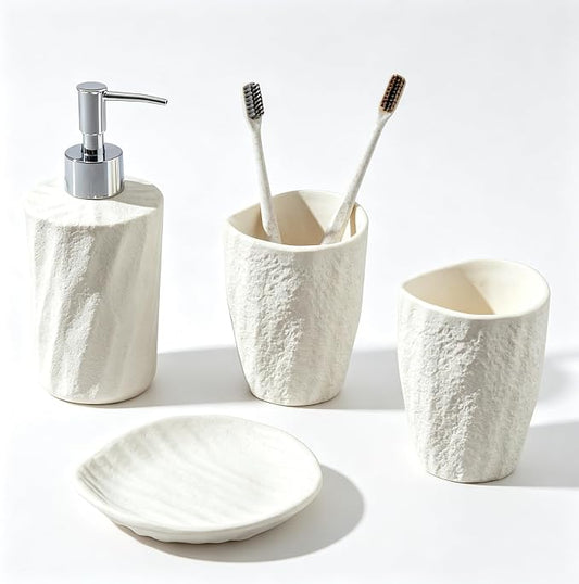Bathroom Accessories Set, 4 PCS Modern Stone Texture, White | Minimalist, Resin, with Liquid Soap Dispenser 11.5 OZ, Tumblers, Toothbrush Holder, Bar Soap Tray, For Countertop Sink