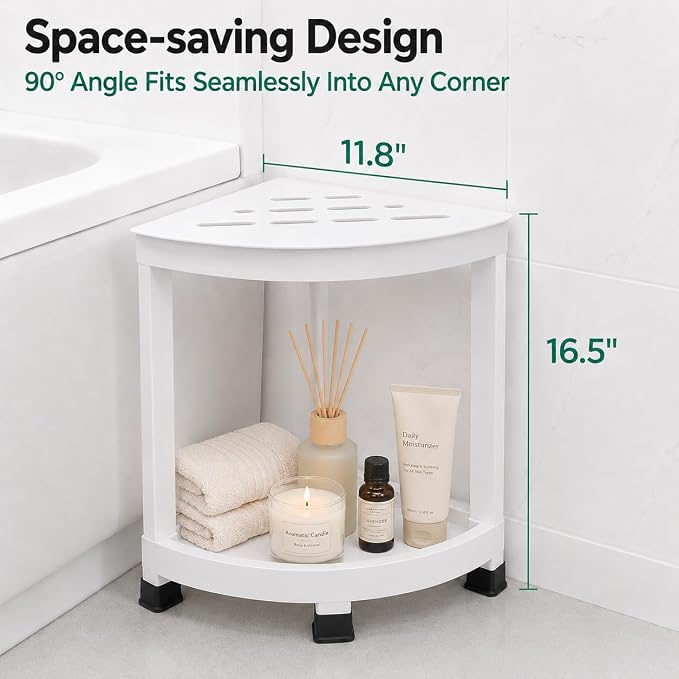 CROWNFURN Shower Foot Rest, HIPS Waterproof Shower Stool for Inside Shower, Corner Shower Bench for Shaving Legs with Baffle Storage Shelf for Small Space, Rapid Assembly DIY Combination Shelf (White)