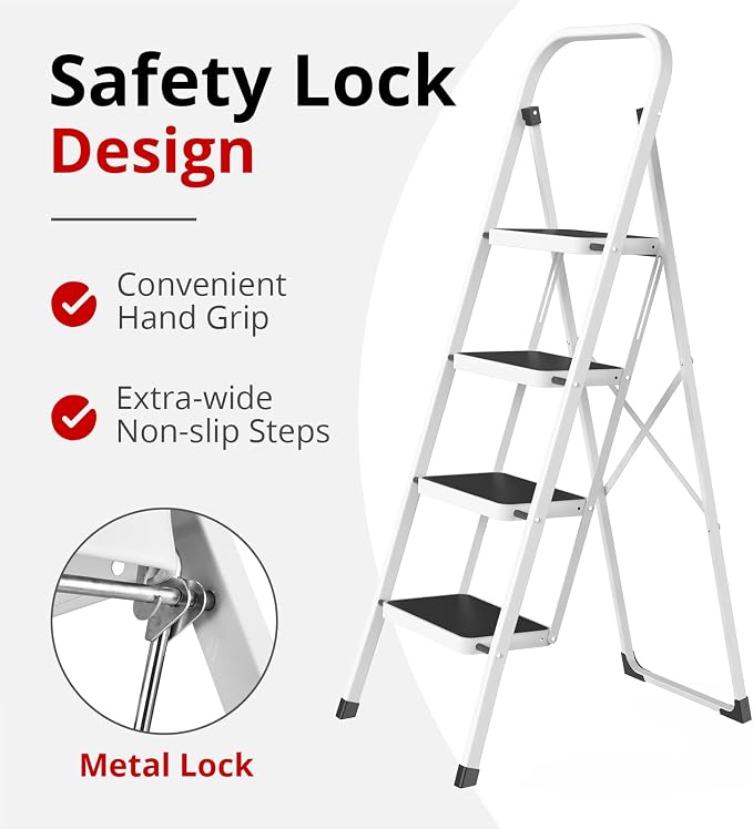 HBTower Step Ladder, Folding Step Stool for Adults | with Anti-Slip Pedal, 330 lbs Capacity for Kitchen, Home, White