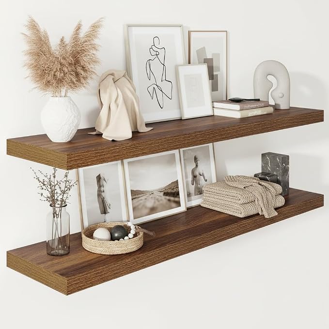 Vivelove Deep Floating Shelves 48x12” Set of 2, Walnut | Easy Install With Hardware, 2" Thick, Invisible Brackets, Wall Mounted, No Sagging, For Any Room