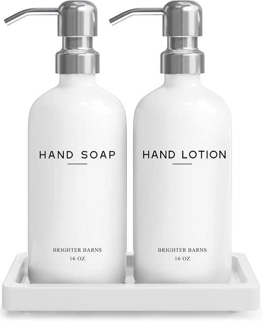 White Glass Soap and Lotion Dispenser Set by Brighter Barns - Bathroom Soap Dispenser Set Tray - Liquid Hand Soap Dispenser Pump - Modern Bathroom Accessories for Guest, Hotel, Spa, Restaurant (White)