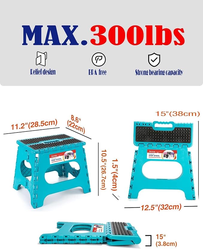 Folding Step Stool 9 Inch, Non-Slip Surface Stool for Kids, Dot Blue | Heavy Duty Foldable Stools, Lightweight, Holds 300 lb, for Toddler Kitchen Bathroom Bedroom Outdoor, Collapsible with Handle
